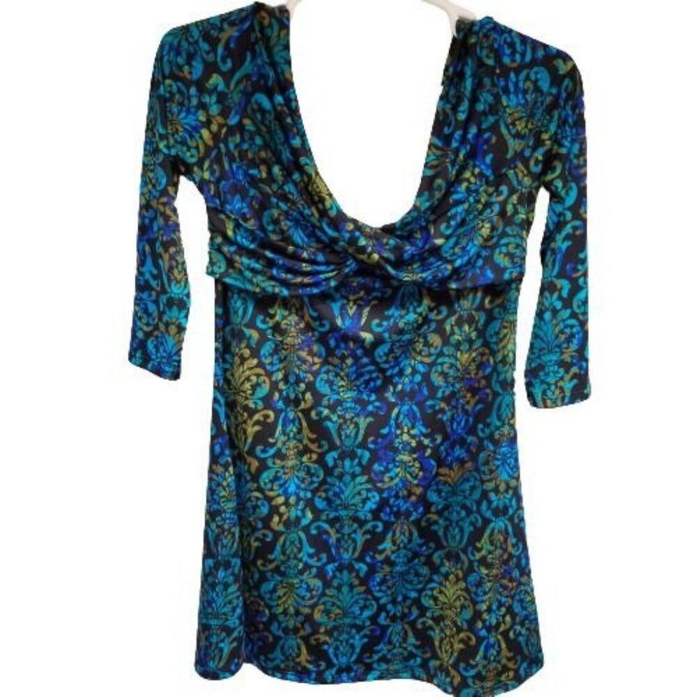 Amelia Women 3/4 Sleeve Shirt Top Blouse XL Twist Front V-Neck Blue Black Casual